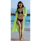 Model Wearing Black Two-Piece Bathing Suit And Women's Lime Green Beach Cover-Up 