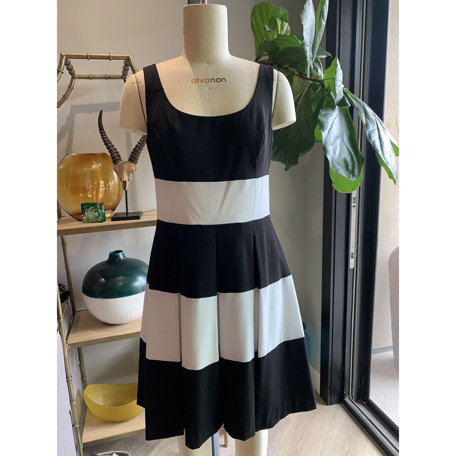 Striped Black And White Block Flare Dress