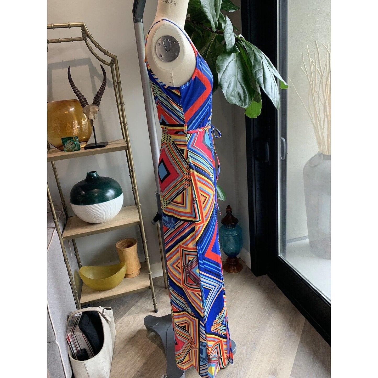 Side View Of Geo Printed Knit Maxi Dress 