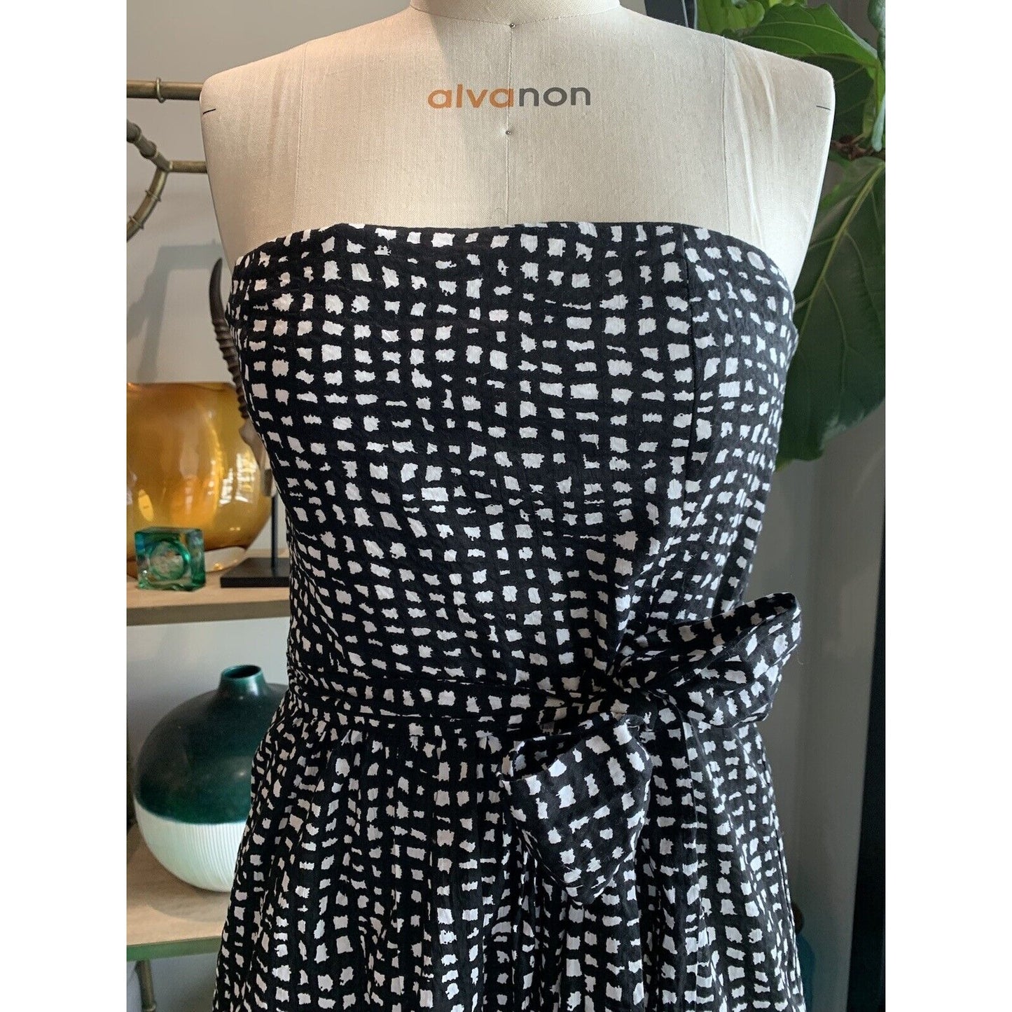 Closeup Of Printed Black And White Strapless Dress