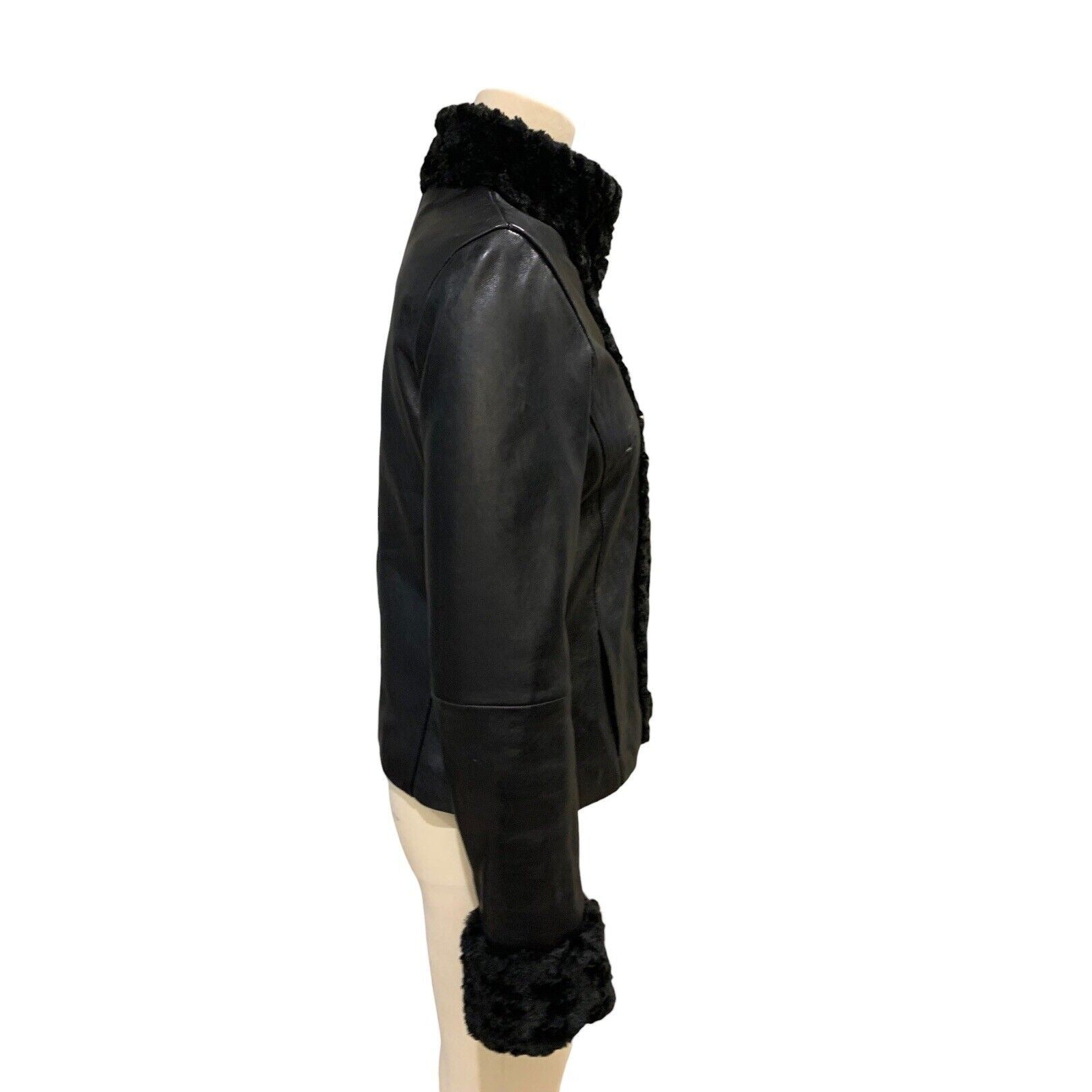 Side View Of Women's Leather Jacket With Faux Fur Trim