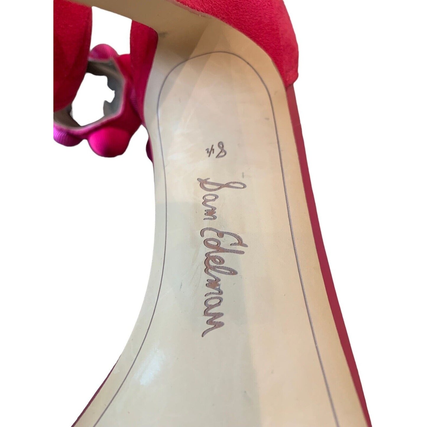 Brand Label On Sole Of 4 1/4" Pink High-Heel Ankle Strap Sandals