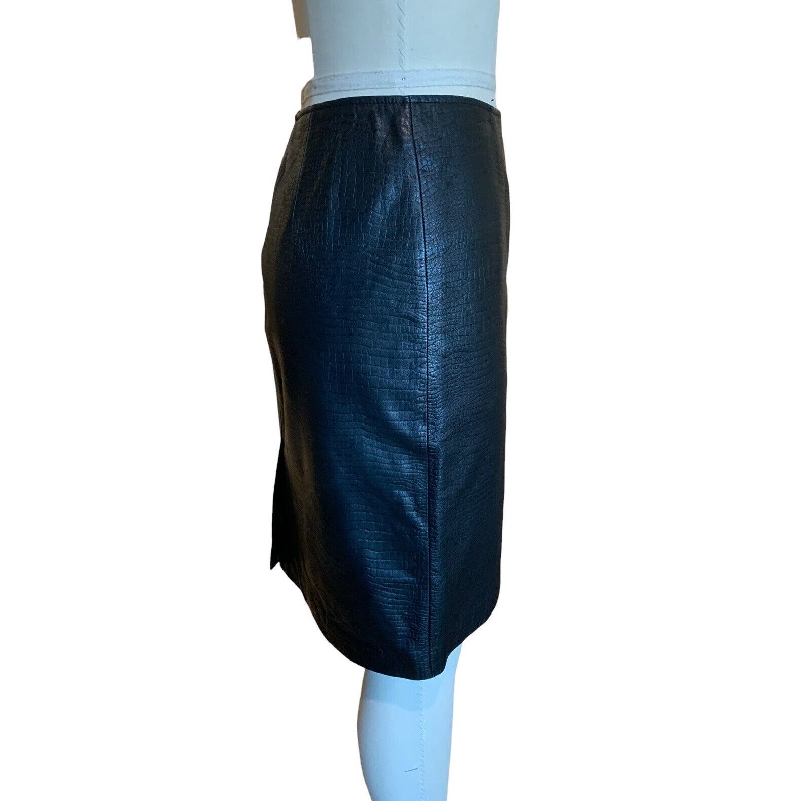 Side View Of Women's Snake Skin Embossed Leather Pencil Skirt