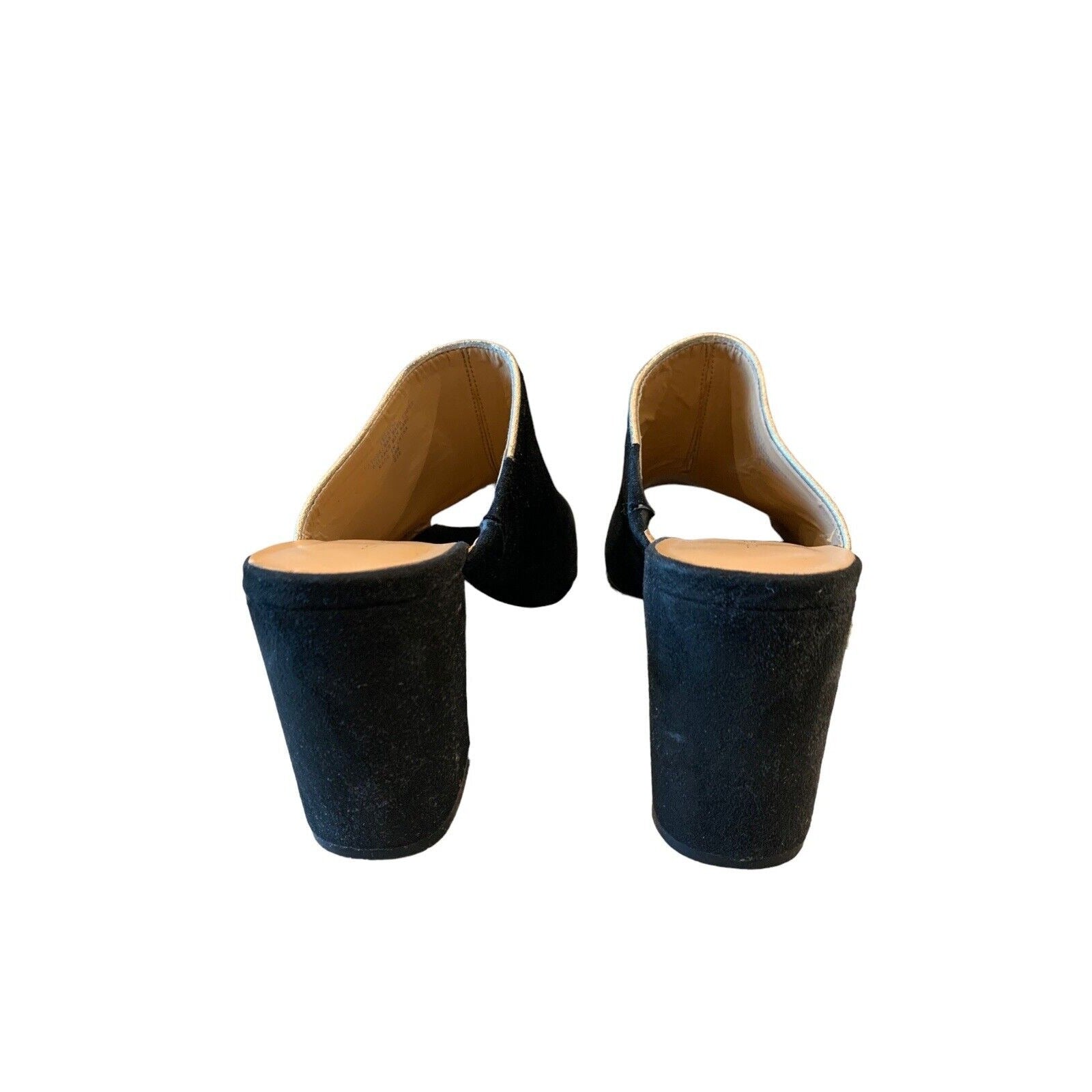 Rear View Of Black Faux Suede Block Heeled Mules