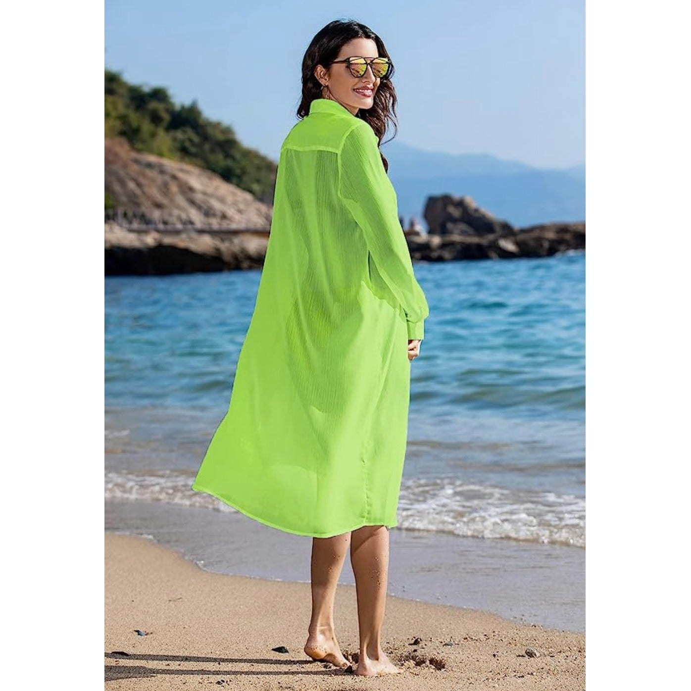 Model Wearing Women's Lime Green Beach Cover-Up