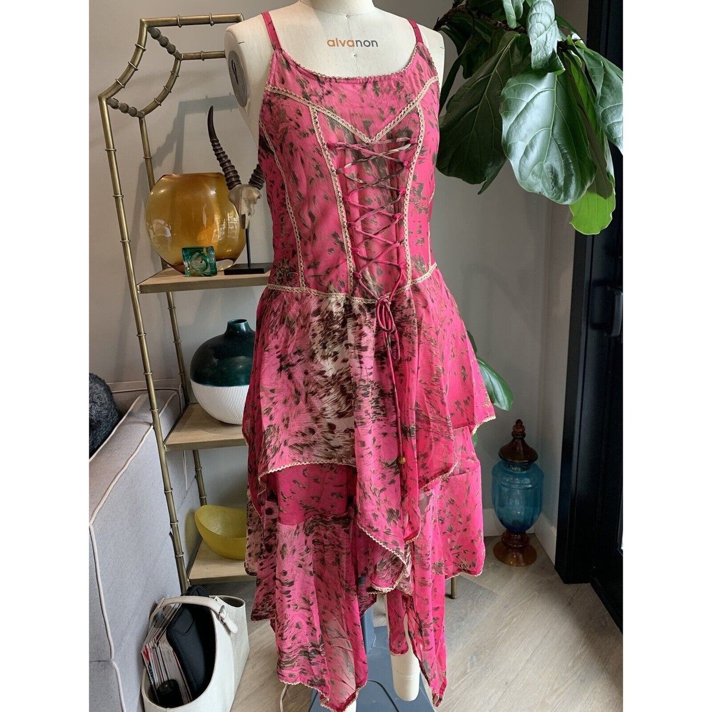 Pink Abstract Animal Print Corset Handkerchief Dress