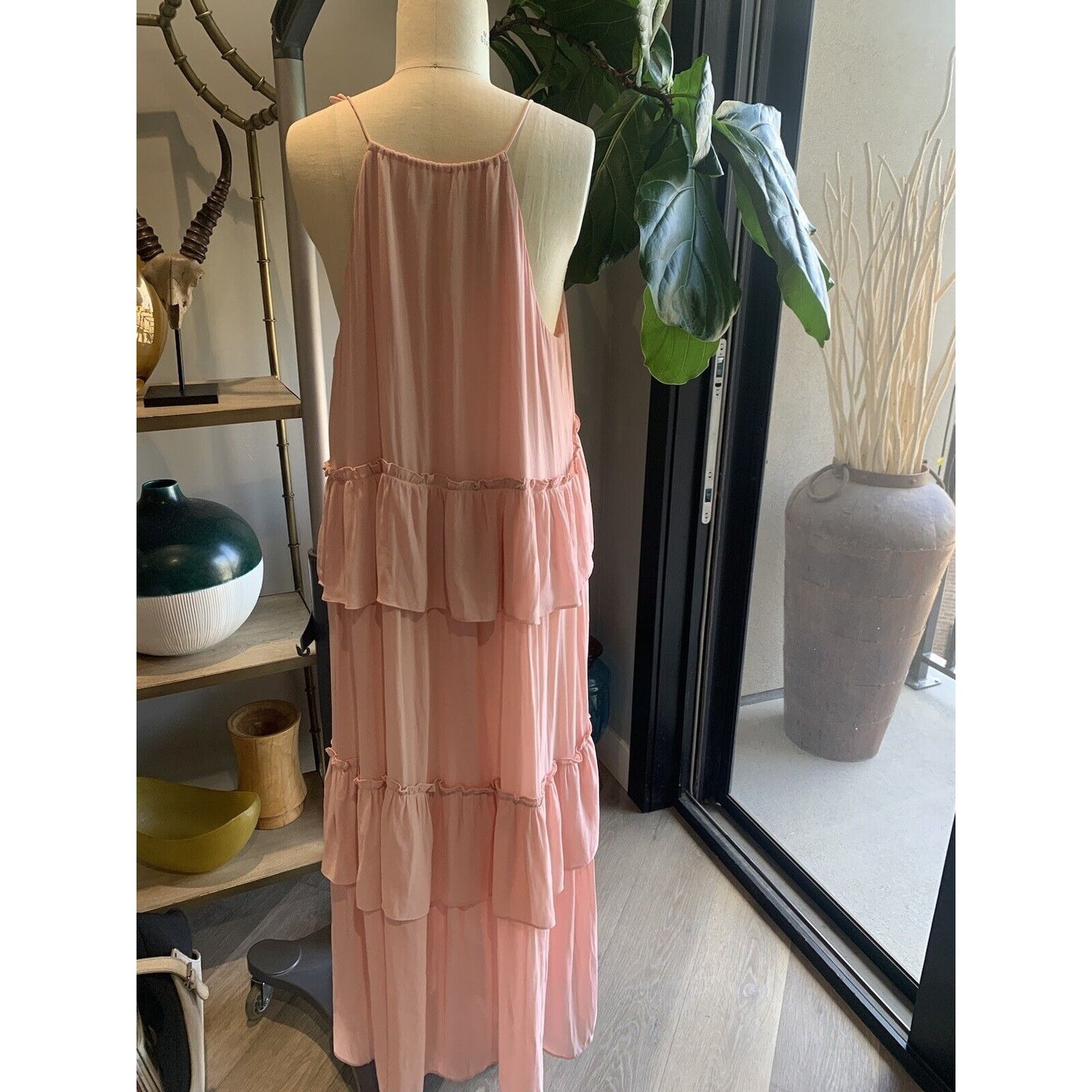 Rear View Of Peach Tiered Maxi Sundress