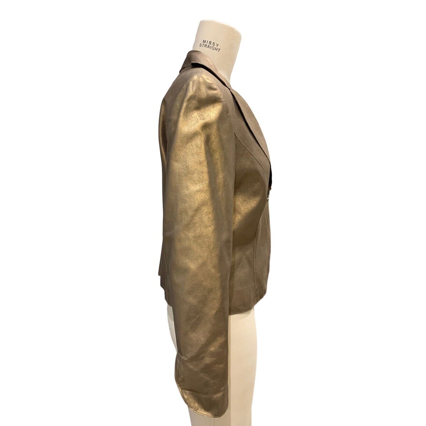Side View Of Women's Bronze Leather Jacket
