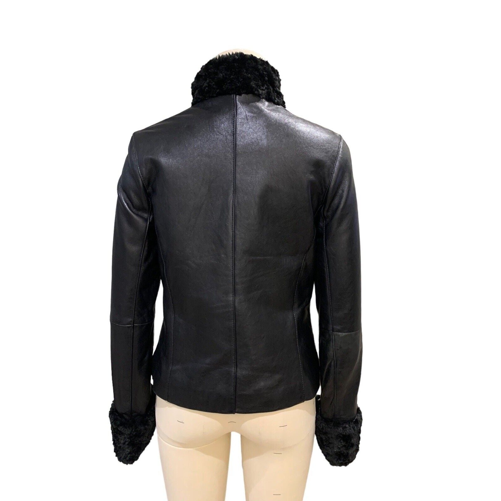 Back Of Women's Leather Jacket With Faux Fur Trim