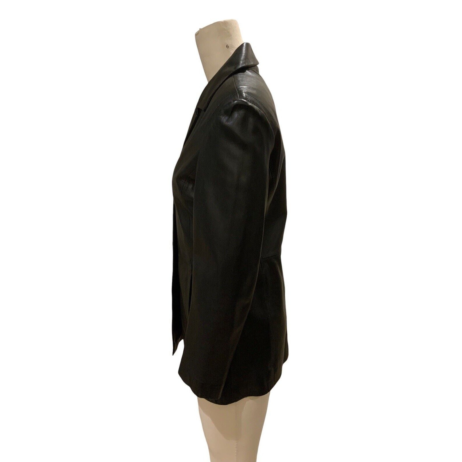 Side View Of Women's Leather Mid-Length Blazer Jacket