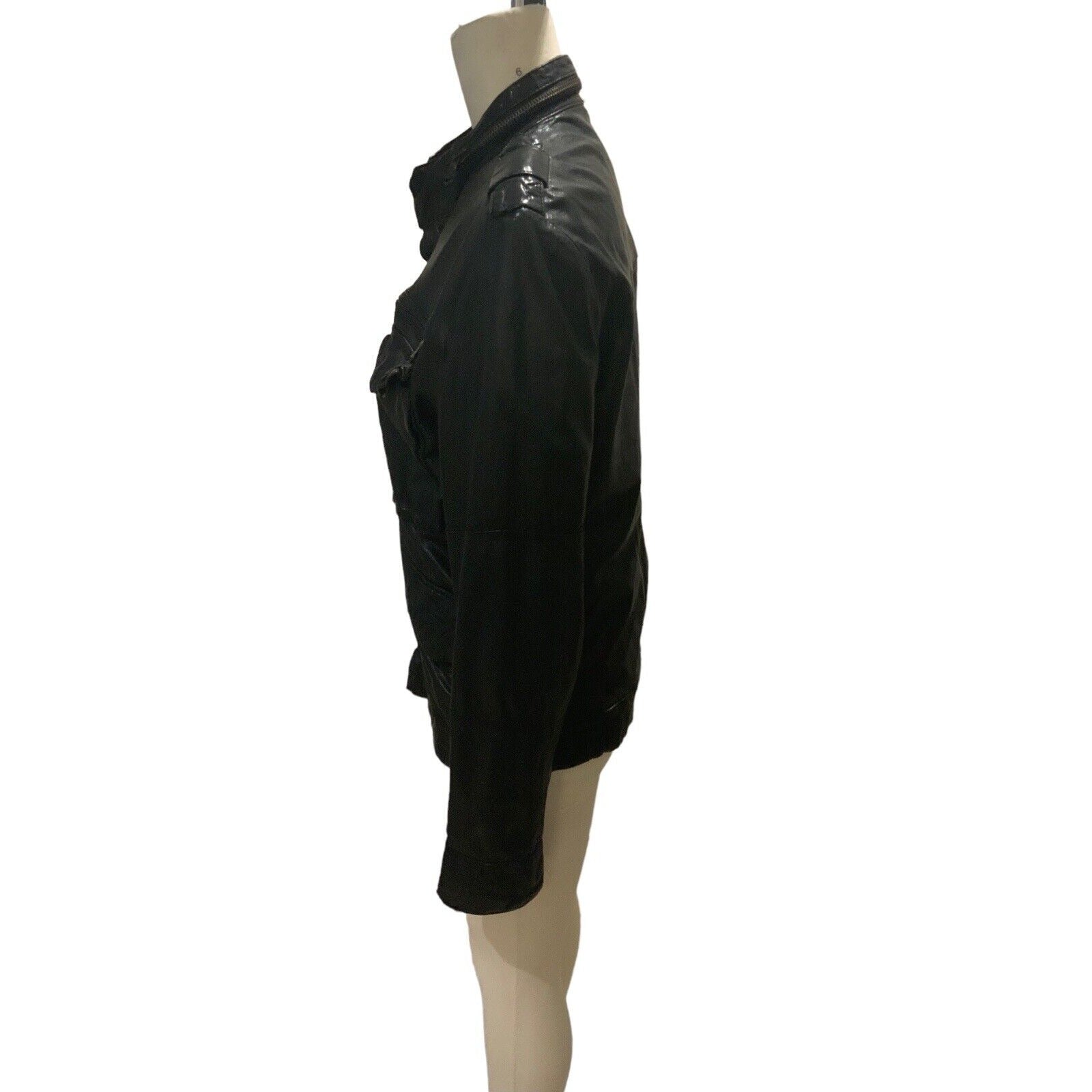 Side View Of Women's Leather Moto-Inspired Bomber Jacket