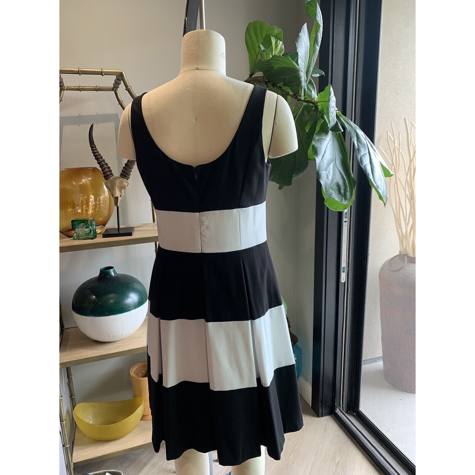 Back View Of Striped Black And White Block Flare Dress