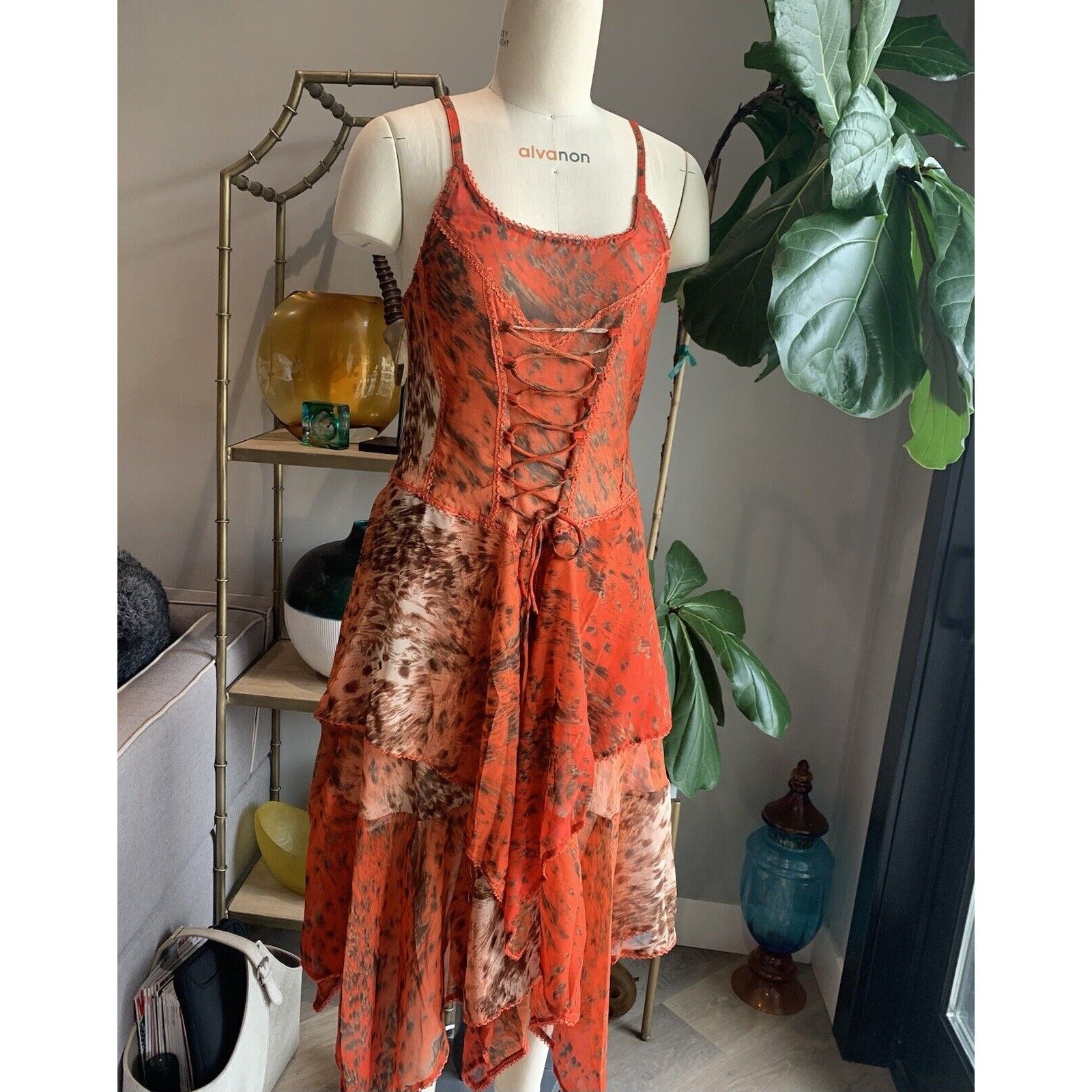 Orange Abstract Animal Print Corset Handkerchief Dress