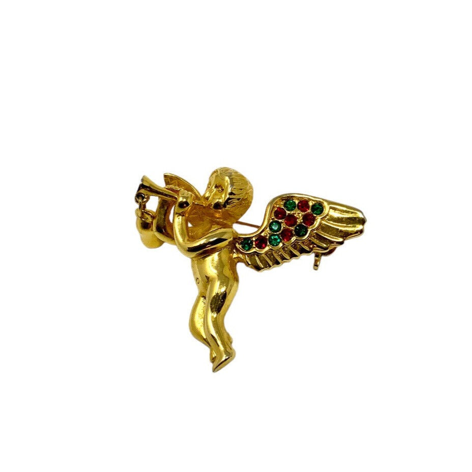 Gold-Tone Cherub Brooch with Red and Green Crystals