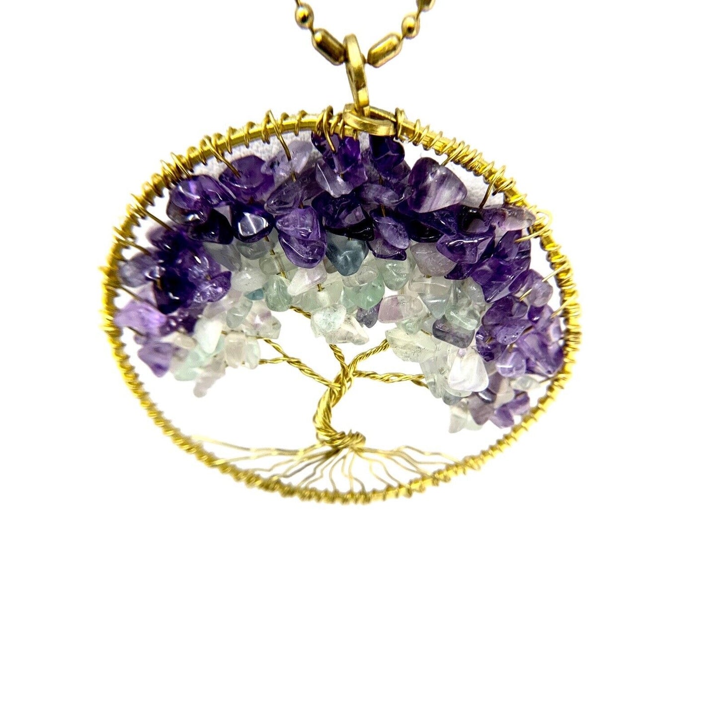 Tree of Life Brass Pendant Necklace with Precious Stones