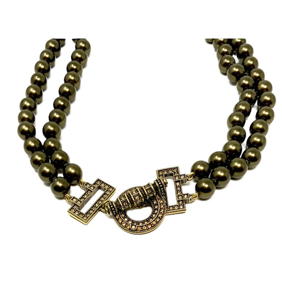 Double Strand Faux Pearl and Marcasite Stone Necklace
