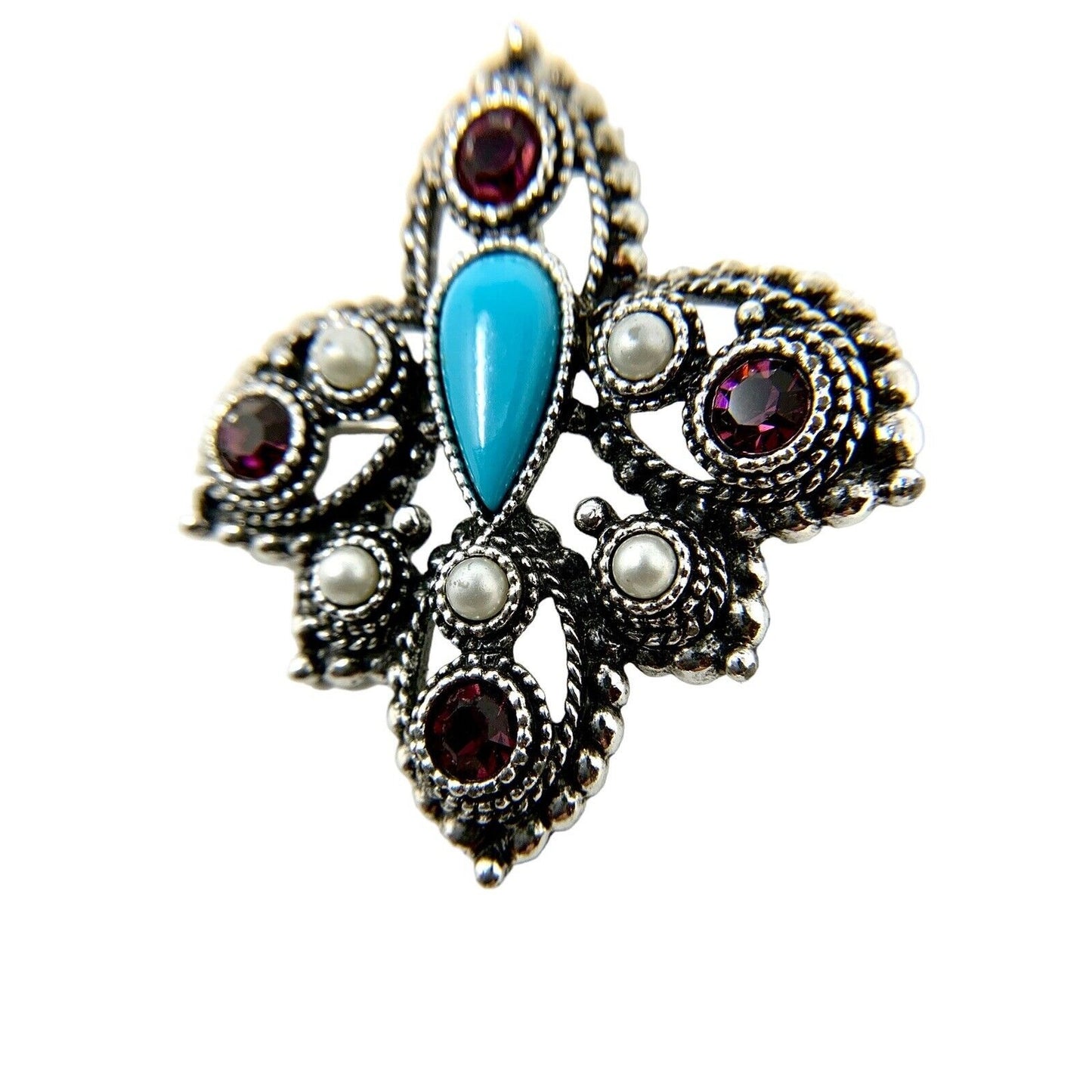 Silver-Tone Turquoise, Purple, and Faux Pearled Brooch