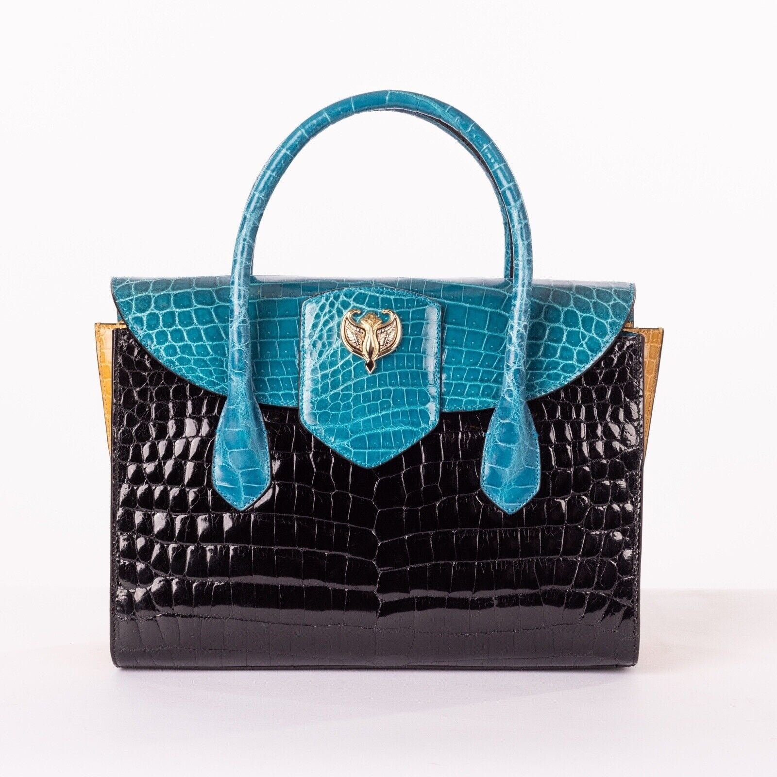 Blue and Black Color Block Crocodile Handbag