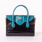 Front View Of Blue and Black Color Block Crocodile Handbag