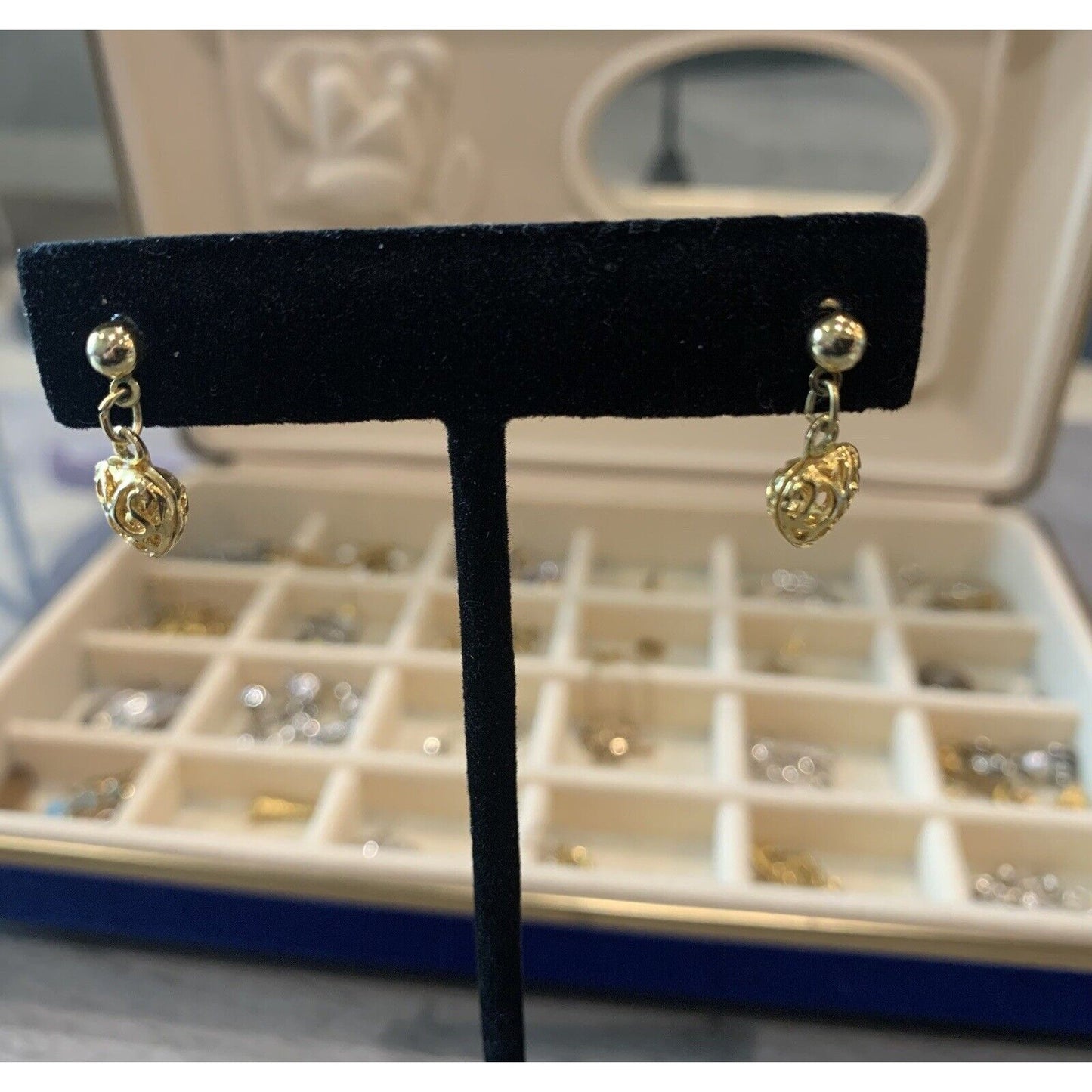 Gold-Tone Heart-Shaped Filigree Style Dangling Earrings