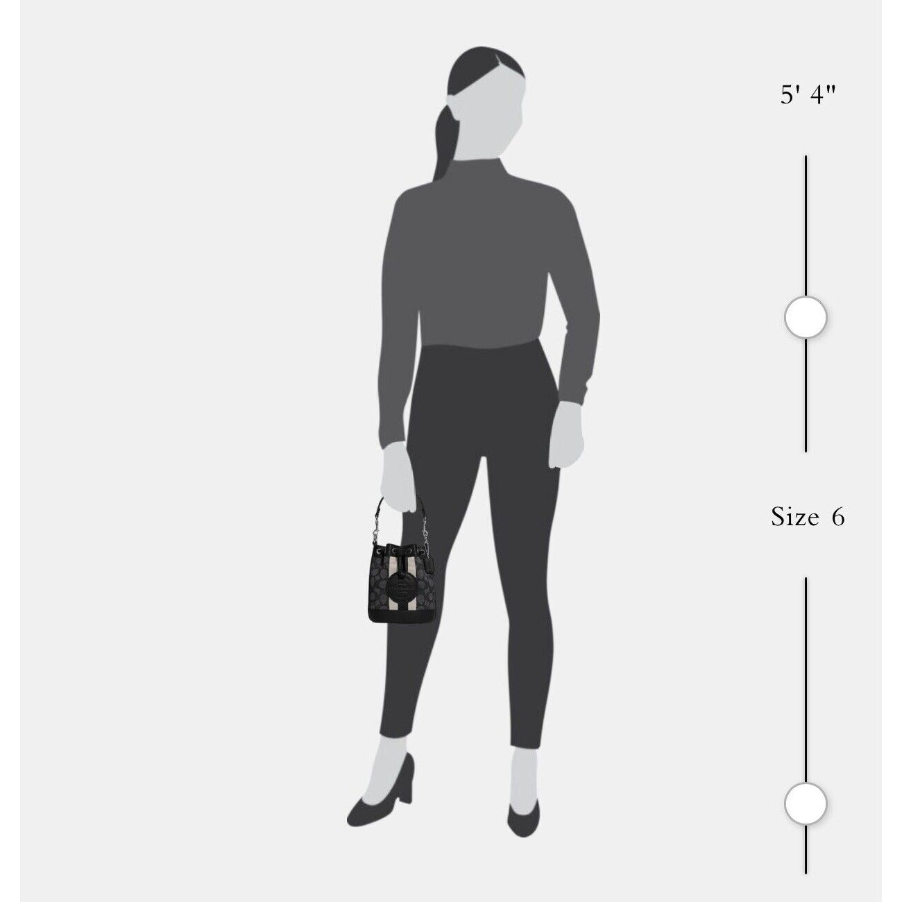 graphic image of woman holding the handbag by the adjustable strap