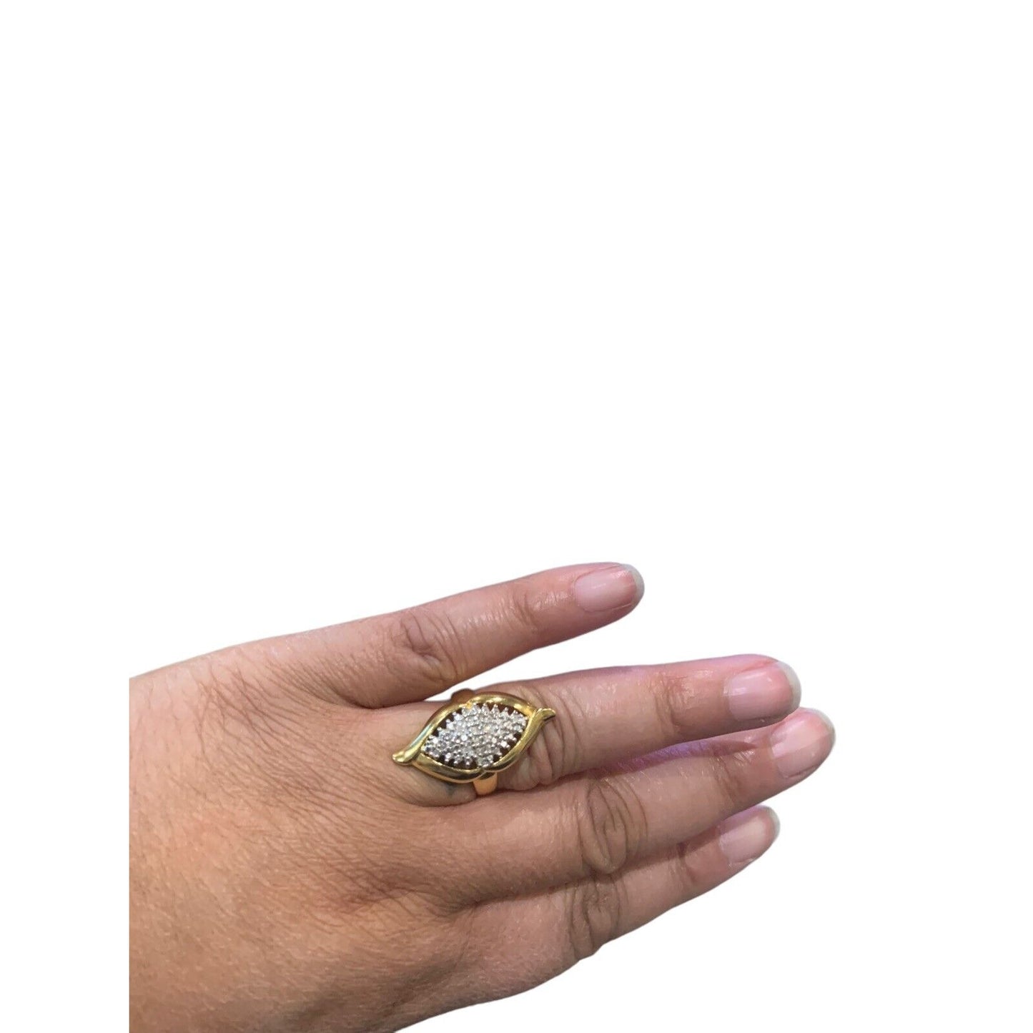 Image Of A Hand Wearing A 18k Gold Over Sterling Silver Diamond Accent Cluster Ring On White Background