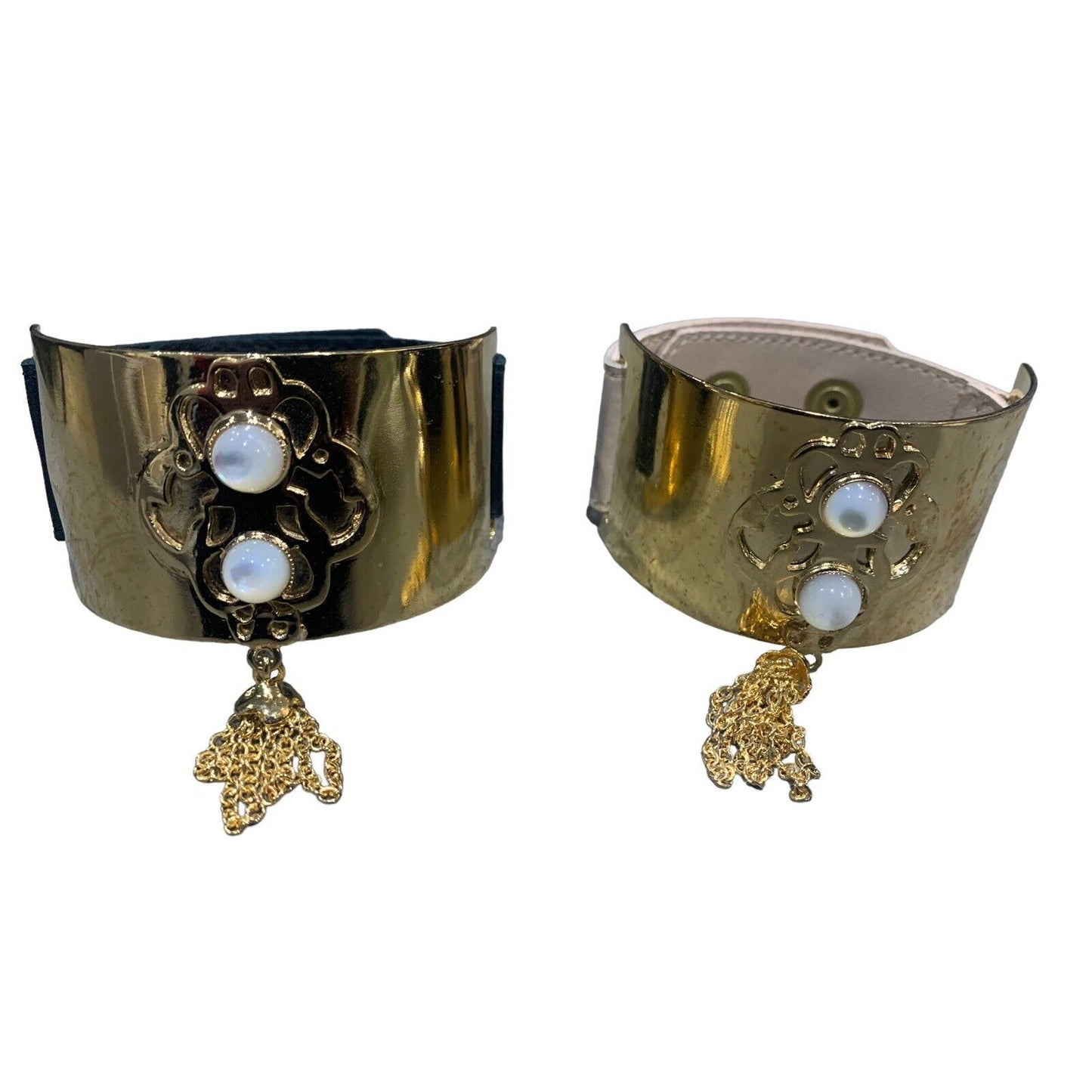 Canipelli Firenze Leather and Metal Cuff with White Stone Accents And Gold Chain