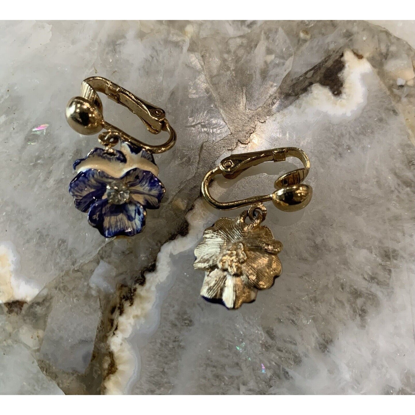 Blue And White With Gold-Tone Floral Earrings