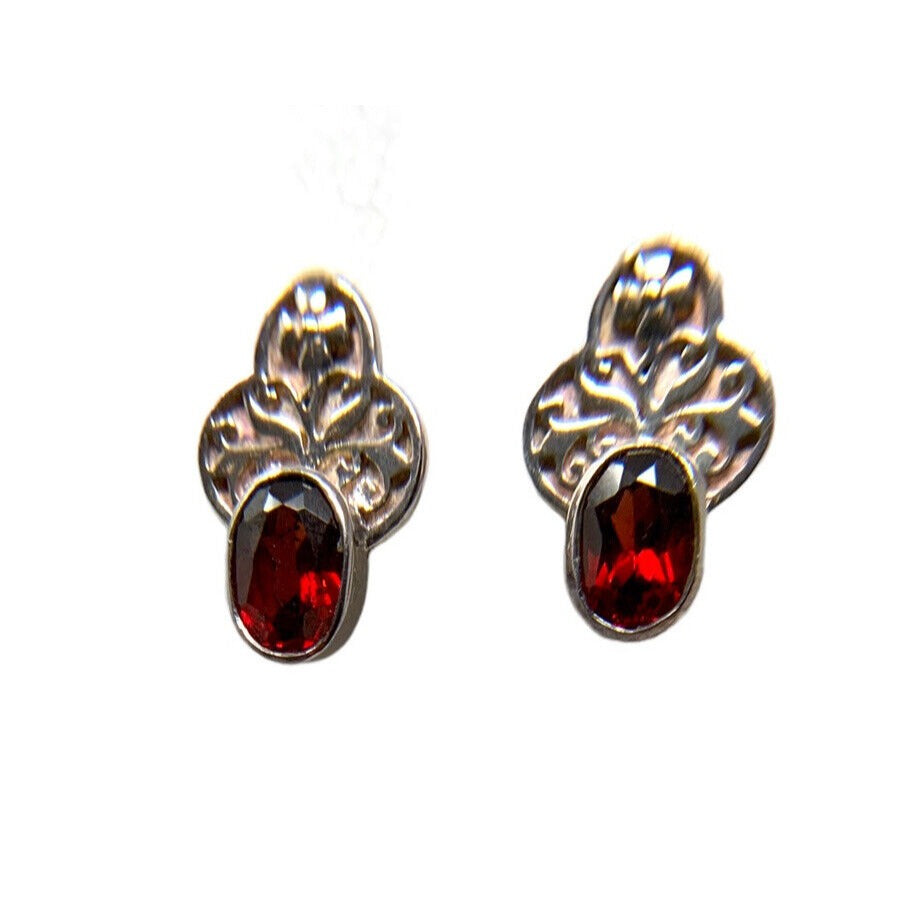 Sterling Silver Faux Ruby and Etched Petal Trimmed Earrings