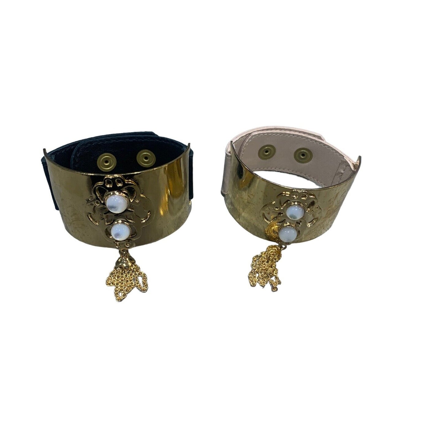 Canipelli Firenze Leather and Metal Cuff with White Stone Accents And Gold Chain