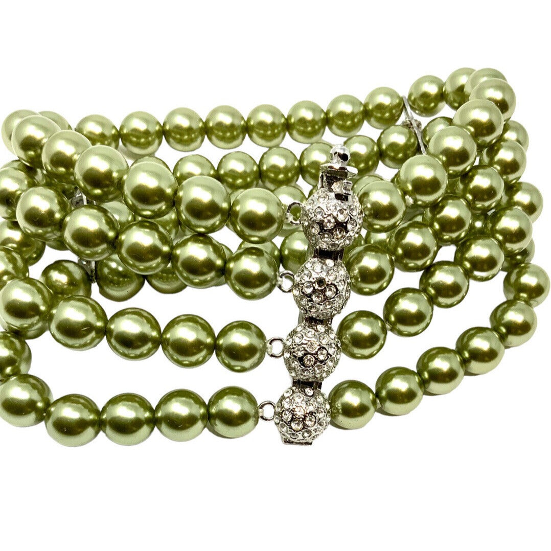 Multi Strand Pearl Bracelet with White Crystal Stones