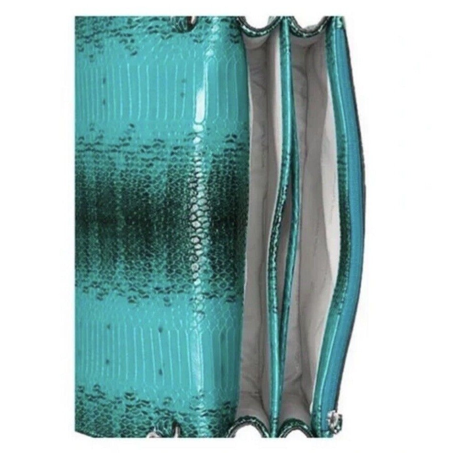 Inside View Of Turquoise Snake Skin Printed Crossbody Handbag