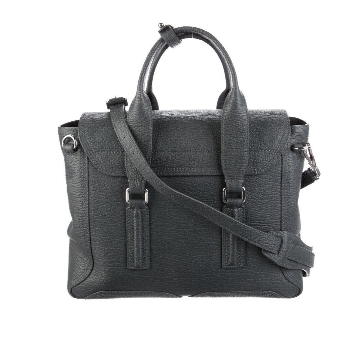 Back of 3.1 Phillip Lim Leather Pashli Medium Handbag Satchel In Gray on a White Background