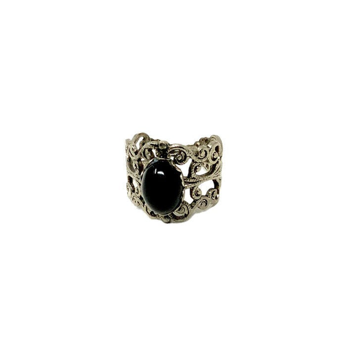 Silver-Tone Lace Style Banned Ring with Faux Onyx Center Domed Style Stone