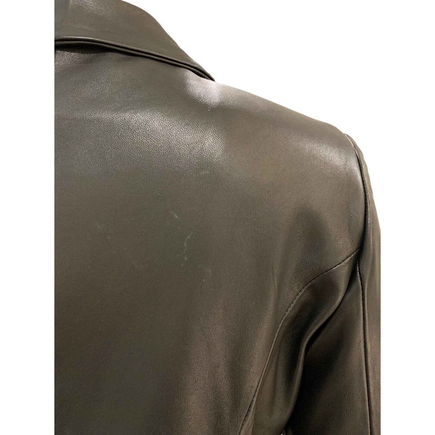 Closeup Of The Back Right Of Women's Long Leather Trench Coat