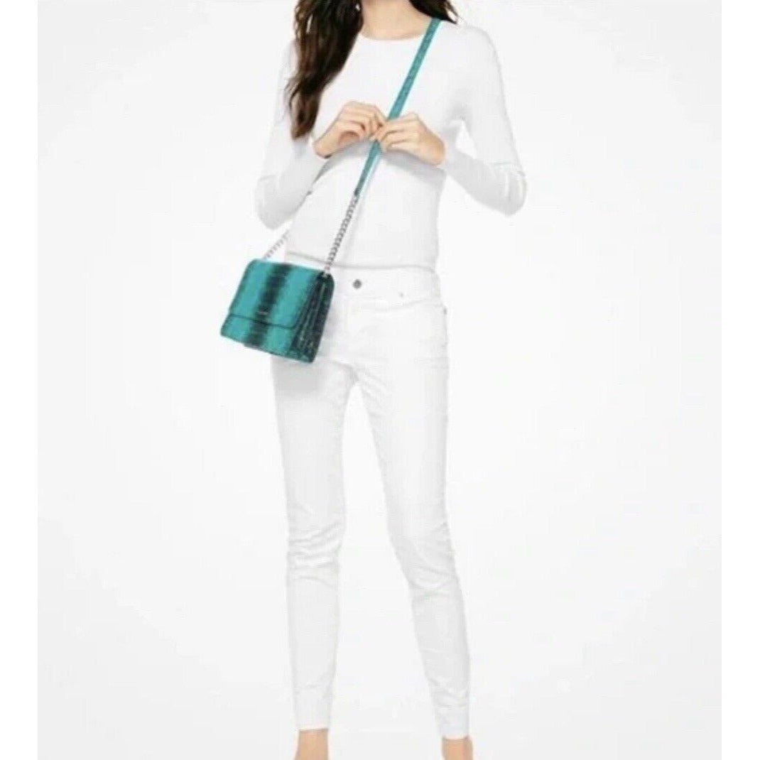 Woman Wearing Turquoise Snake Skin Printed Crossbody Handbag