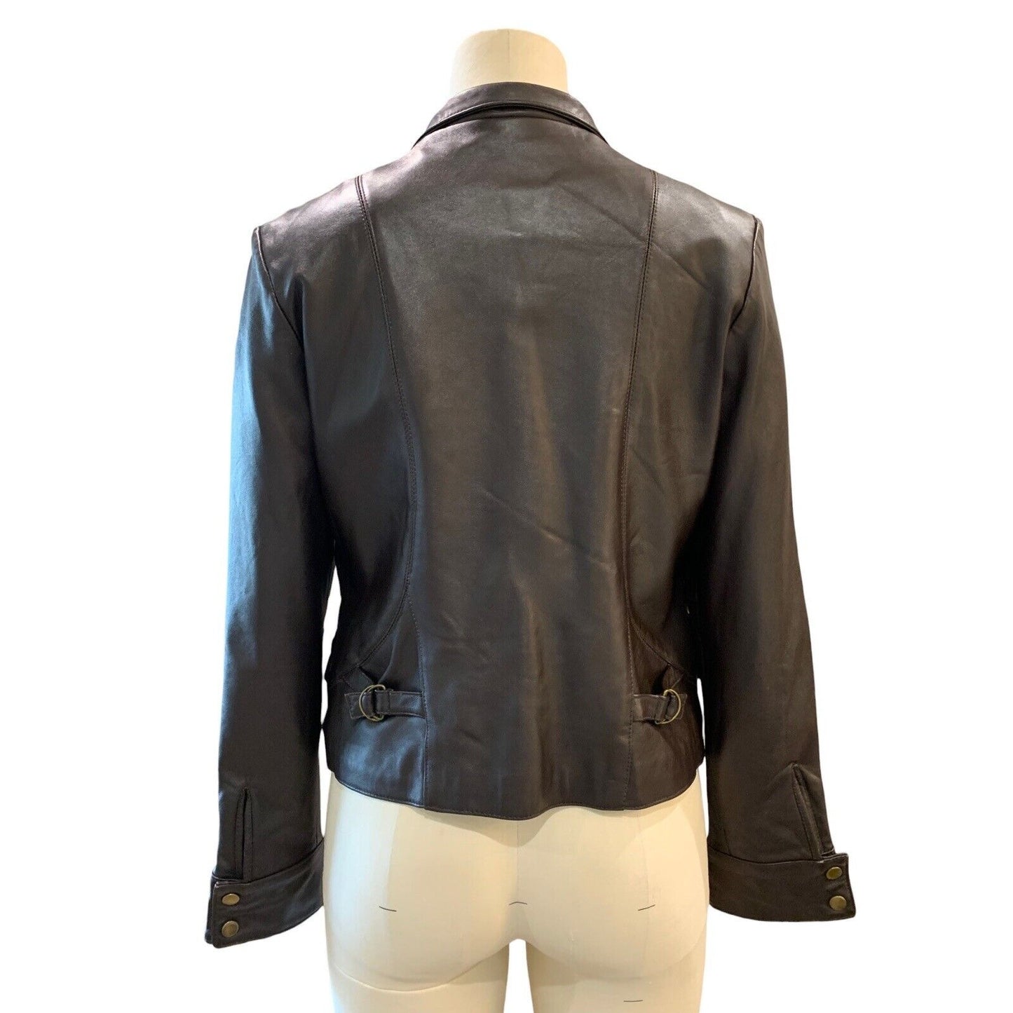 back view of women's short leather jacket