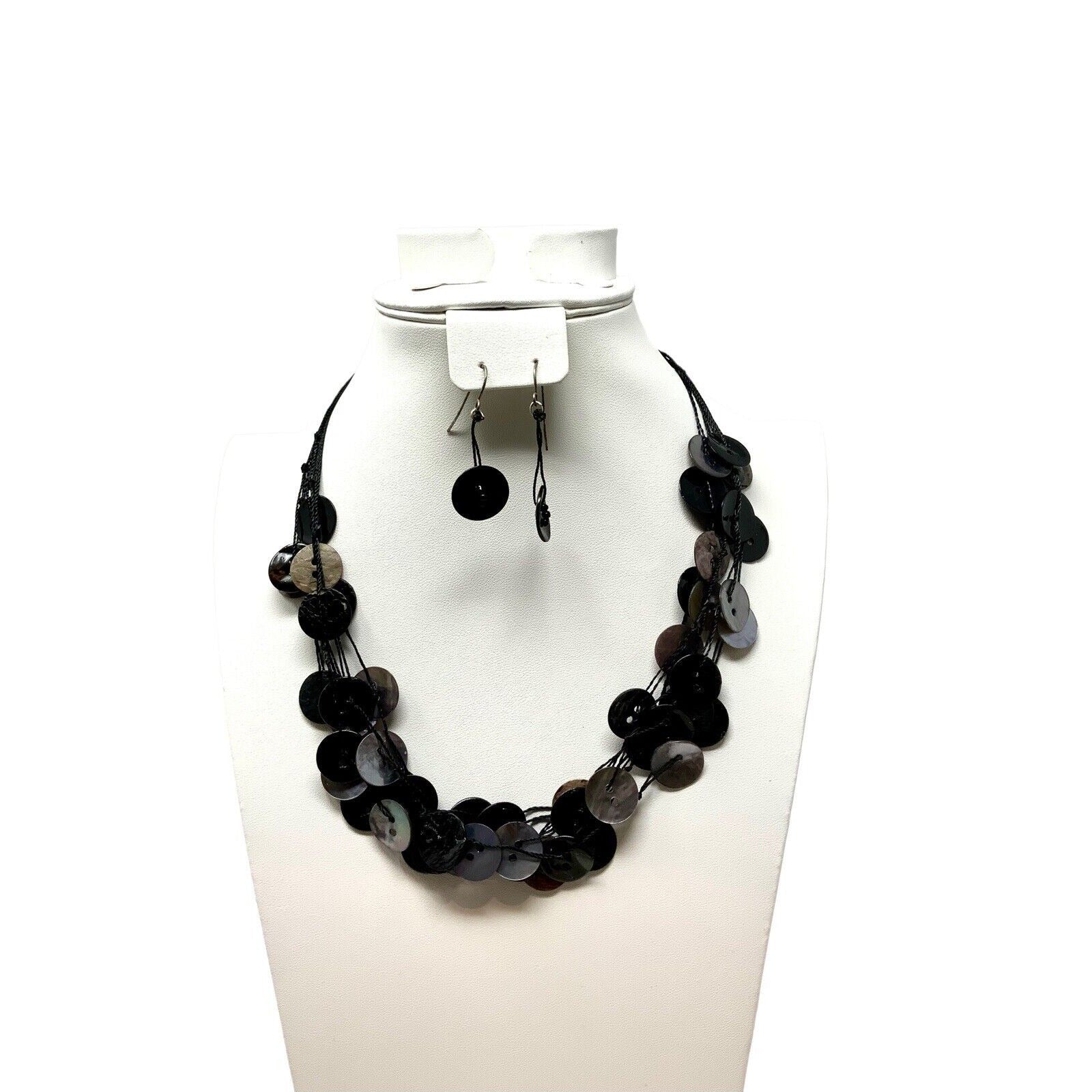 Black and Gray Multi Strand Shell Disk Shaped Necklace