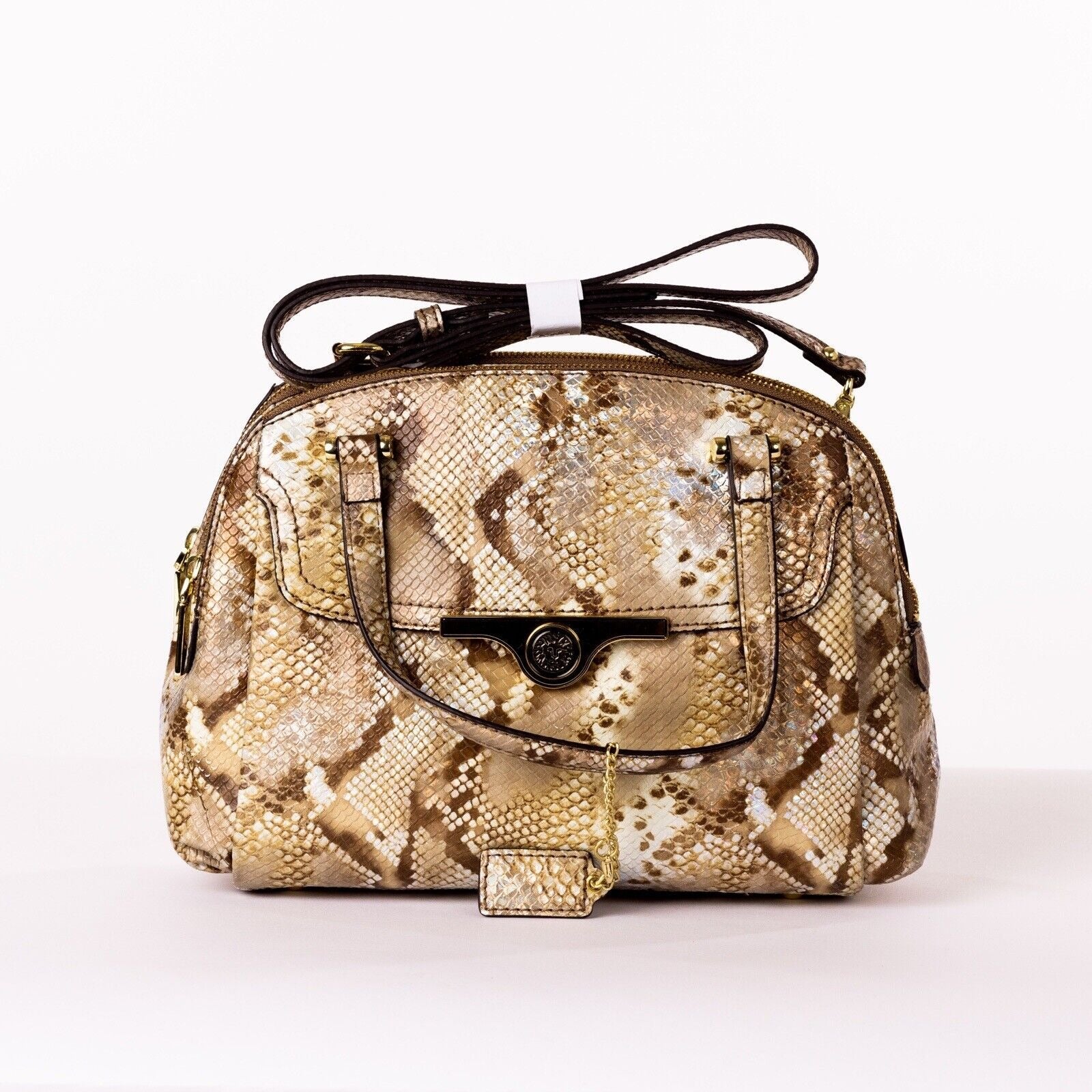 Brown Python Printed Handbag With Gold Hardware And Adjustable Strap