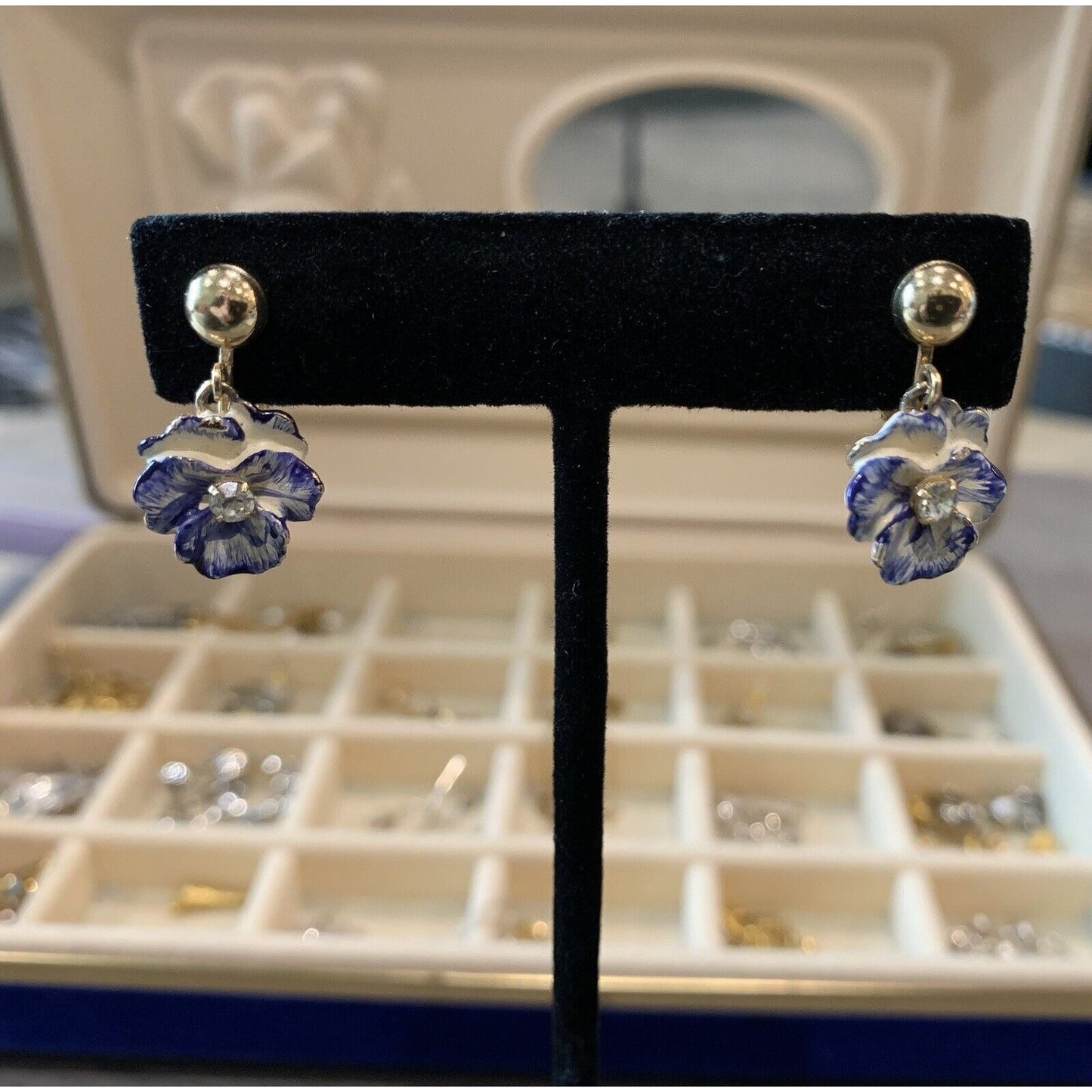 Blue And White With Gold-Tone Floral Earrings
