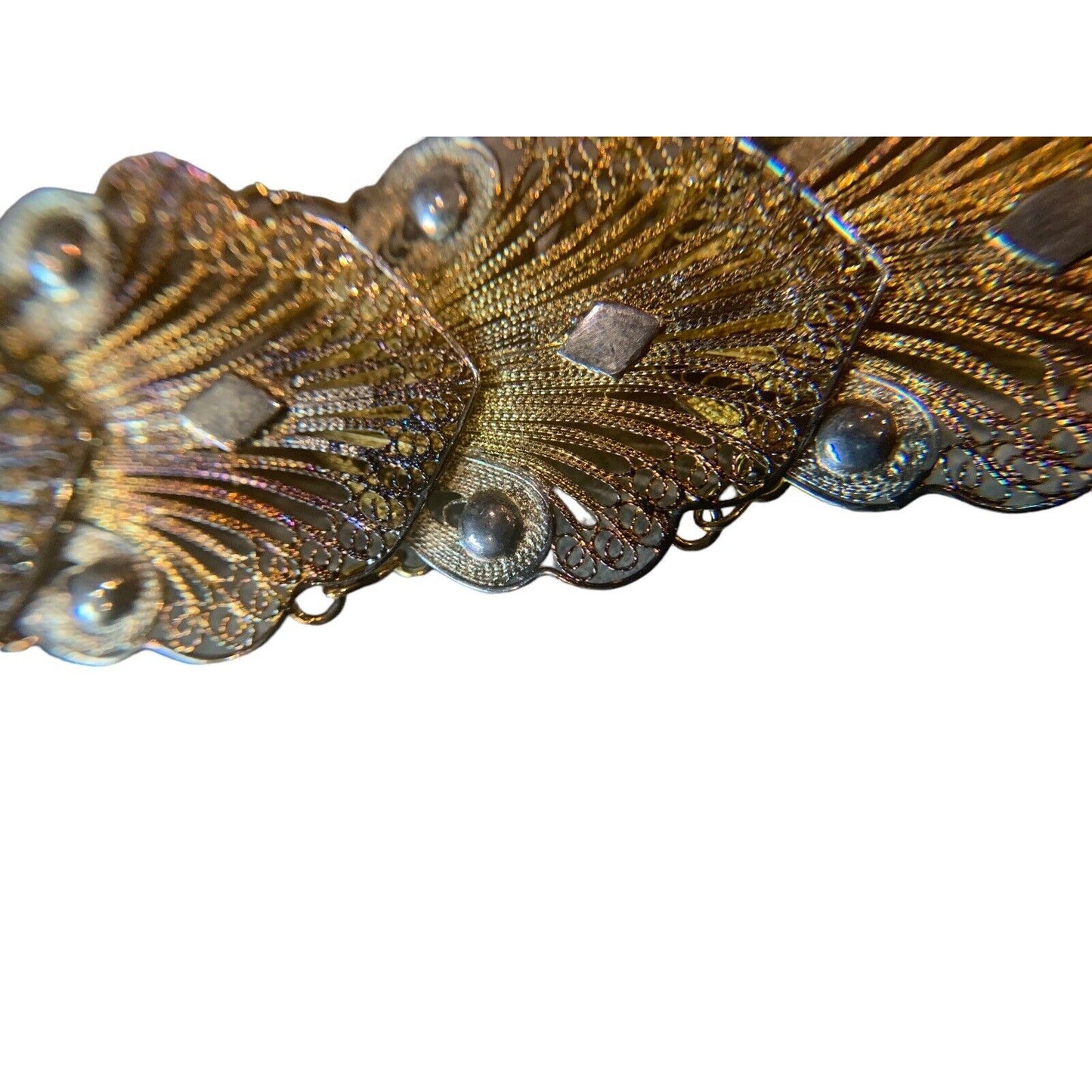 Gold-Plated Tarnished Filigree Bracelet In A Peacock Feather Motif