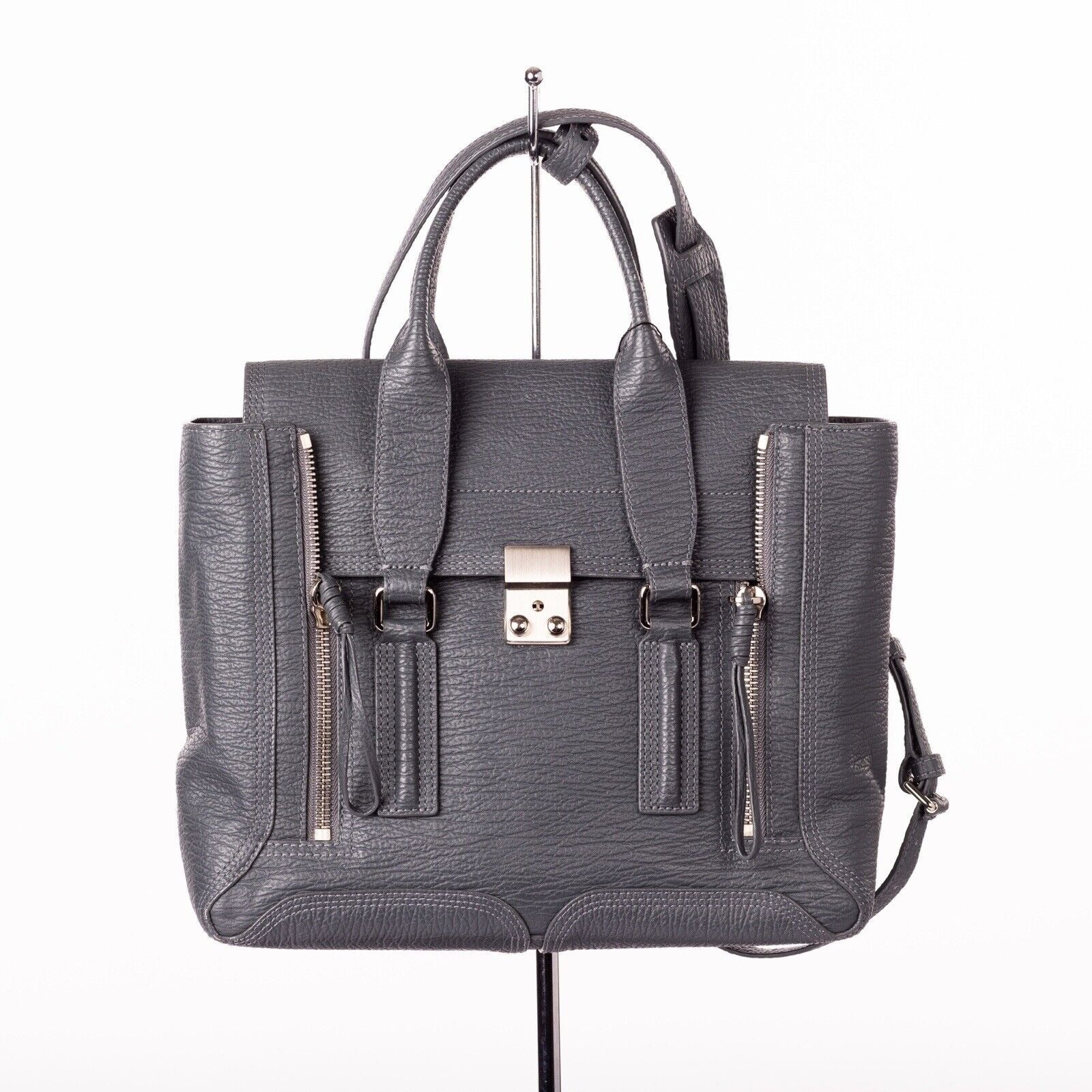 3.1 Phillip Lim Leather Pashli Medium Handbag Satchel In Gray Displayed on a Stand and White Background