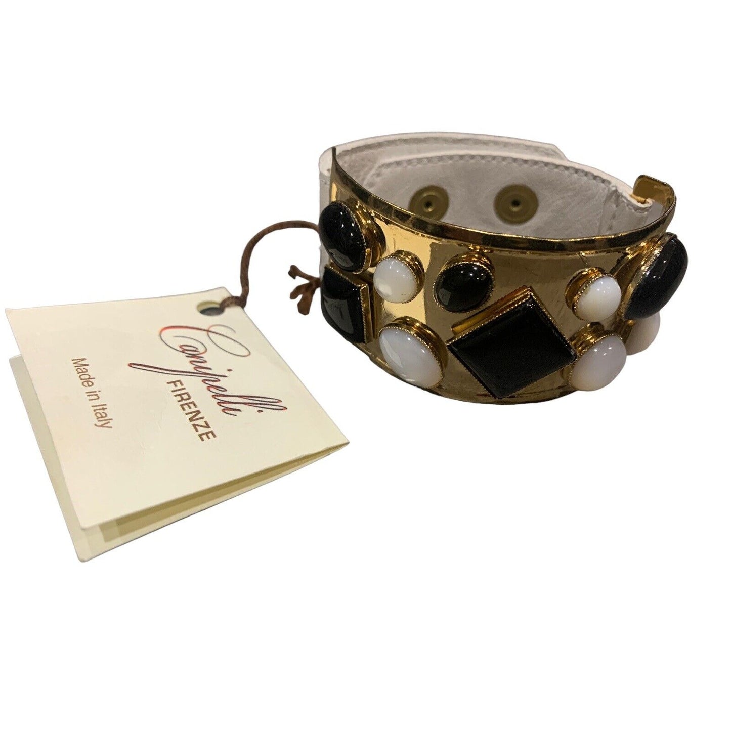 Canipelli Firenze Leather and Metal Cuff with Onyx and White Stone Accents