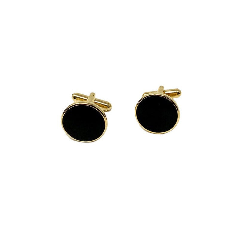 Onyx Black and Gold Tone Round Disk Shaped Cufflinks